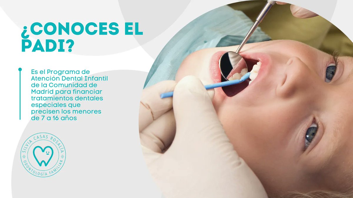 ¿Conoces el PADI❓

🦷 Es el "Programa de Atención Dental Infantil de la <a href="/ComunidadMadrid/">Comunidad de Madrid</a>", un convenio entre el #SERMAS, y <a href="/dentistasCOEM/">COEM</a>, para ofrecer tratamientos dentales especiales a menores de 7️⃣ a 1️⃣6️⃣ años.

Pregunta por la Unidad de #SaludBucodental de tu centro de salud
