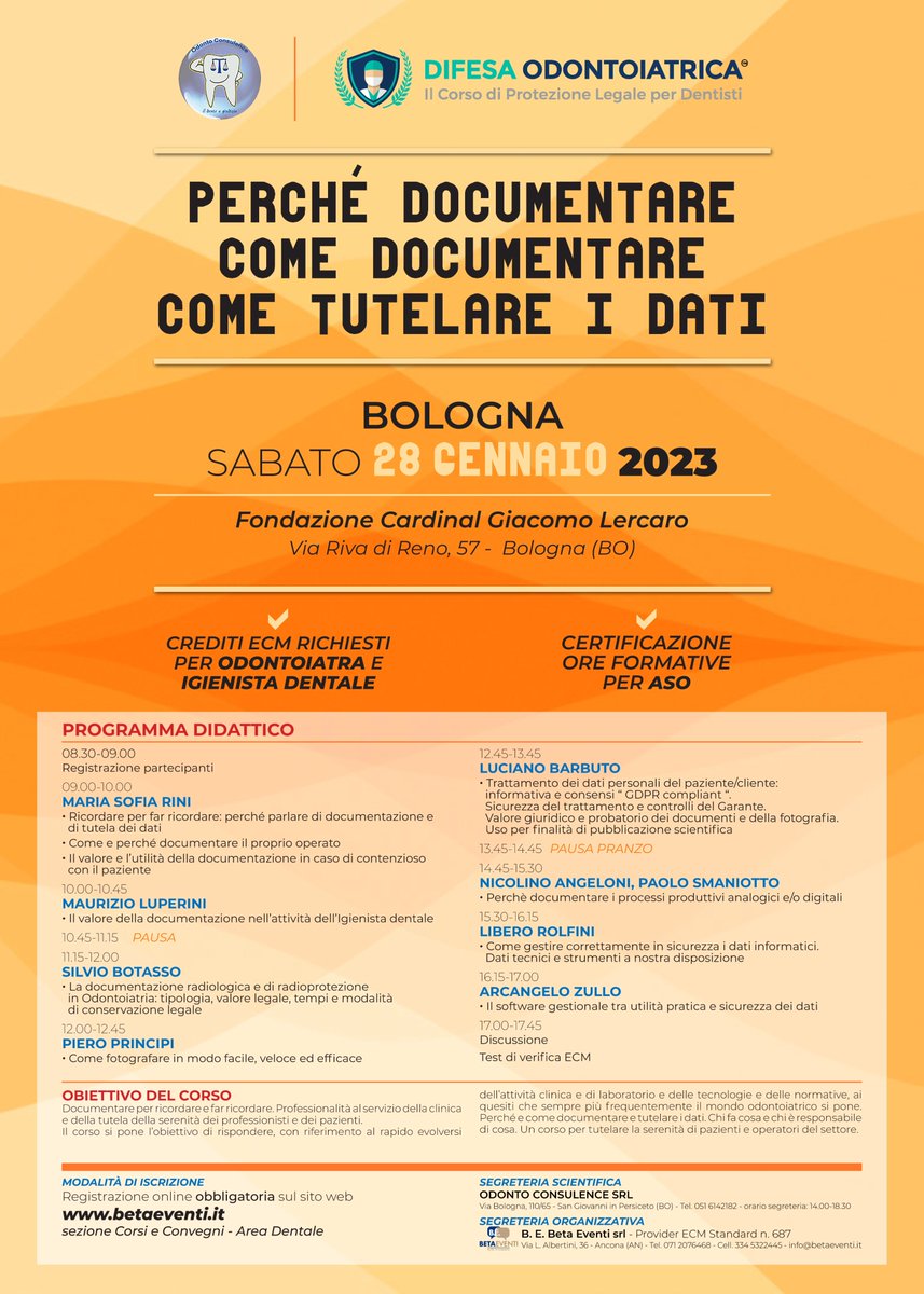 🔸 Perché documentare? 🖋
🔸 Come documentare? 🖊
🔸 Come tutelare i dati?  🔏
🔸 E quindi: come tutelare la serenità di pazienti 😌 e operatori del settore? 👩🏻‍⚕👨‍⚕
🗓 Il 28/1 un corso per rispondere a quesiti 🤔 di tutto il mondo odontoiatrico.
✅ difesaodontoiatrica.it/corso-ecm-tute…