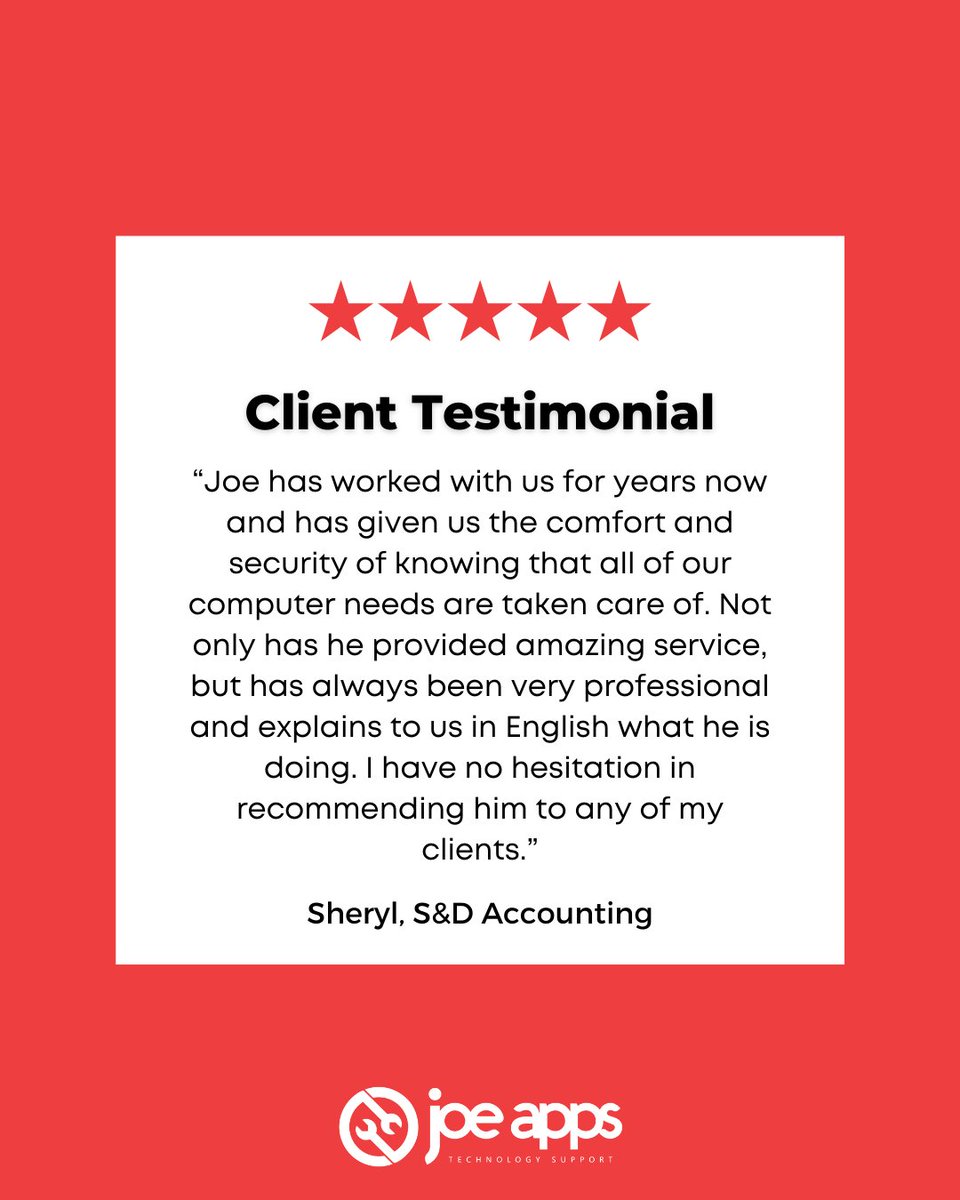 JoeAppsSupport's tweet photo. We appreciate all our clients and are happy to be able to provide you with the best service possible to relieve the technological stress that computer issues can pose. β€οΈ
#JoeAppsTech #JoeAppsTechSupport #TechSupport https://t.co/ko0zsDoHBF