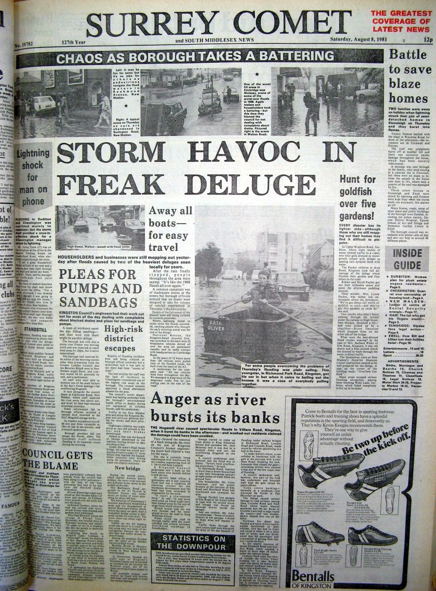 #EYANews.  In August 1981, storms caused flooding in Kingston. The Surrey Comet reported 'Storm Havoc in Freak Deluge',  in Surbiton, however,  the news story is about the hunt for goldfish. <a href="/RBKingston/">Kingston Council</a> <a href="/kinglibheritage/">Kingston Libraries</a>