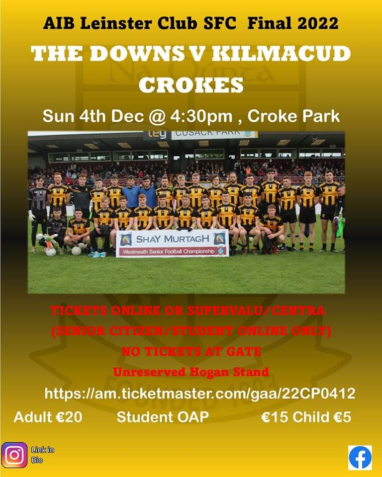 Best of luck to The Downs who face Kilmacud Crokes (Dublin) at 4.30PM tomorrow at Croke Park in the Leinster Club Senior Football Championship Final.
Tickets can be purchased via am.ticketmaster.com/gaa/22CP0412.
The game will also be shown live on TG4.
#iarmhiabu
#westmeathgaa