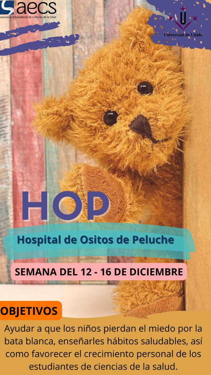 AECSLleida's tweet photo. HOSPITAL DE OSITOS DE PELUCHE 2022 - HOP

Como lleva siendo tradición desde hace años, AECS presenta una nueva edición del Hospital de Ositos de Peluche (HOP) 🐻

Es una actividad chulísima en la que montamos un hospital ficticio, con 4 estaciones diferentes en las que los niños https://t.co/TT1aVvIxXT