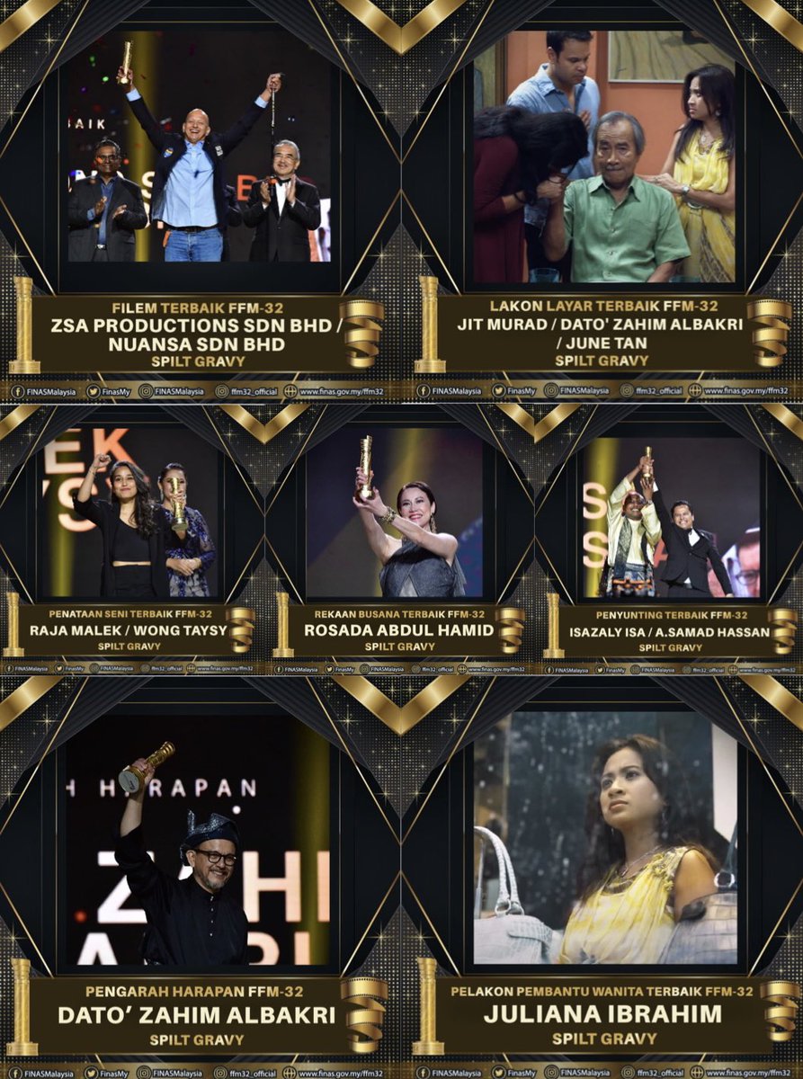 Best Costume Designer ✅
Best Production Design ✅
Best Editing ✅
Best Screenplay ✅
Best Newcomer Director ✅
Best Supporting Actress ✅
Best Film ✅

Alhamdulillah 🤲🏾

#FFM32
#LensaFFM
#FilemKitaCitraKita 
#FestivalFilemMalaysia
#SpiltGravyOnRice 
#SpiltGravy