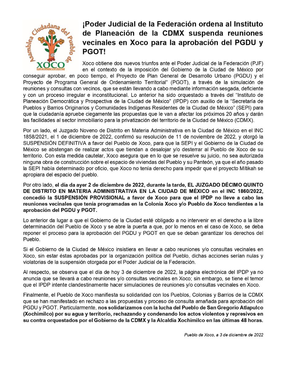 Xoco gana suspensión de asamblea de hoy!

Se cae a pedazos la imposición que pretendía llevar <a href="/oscarmorenocorz/">Oscar Moreno Corzo</a> de @PlaneandoLaCDMX un Plan General de Desarrollo y Programa de Ordenamiento Territorial de forma ilegal y marrullera. 

Fracaso rotundo, debe renunciar.