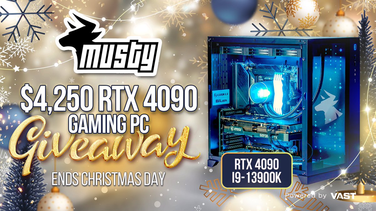 🎁 GIVEAWAY TIME 🎁 i’m giving away this $4,250 RTX 4090 Gaming PC giveaway! to enter: 🔸 retweet + like 🔸 follow @amustycow + @VastGG enter here: vast.link/amustycow