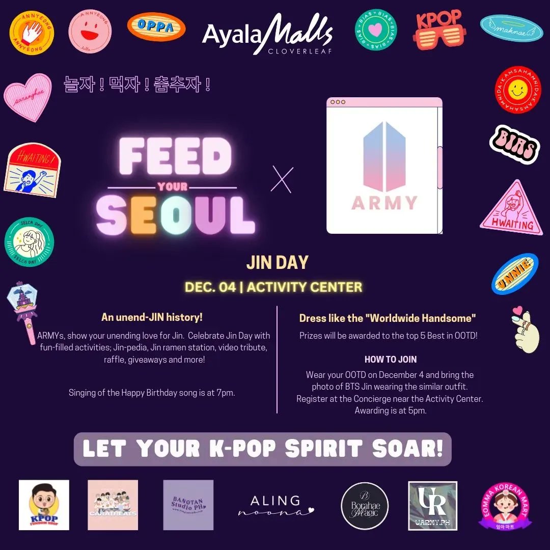 AlingNoona's tweet photo. THE ASTRONAUT HAS LANDED! It's JIN DAY and we're inviting you to celebrate with us at Ayala Cloverleaf! We have Lucky Draws at our booth for every purchase, and if you dress up as Jin, you'll get another chance for the grand raffle. See photo for full mechanics! #HappyBirthdayJIN https://t.co/oTOvciaOFa