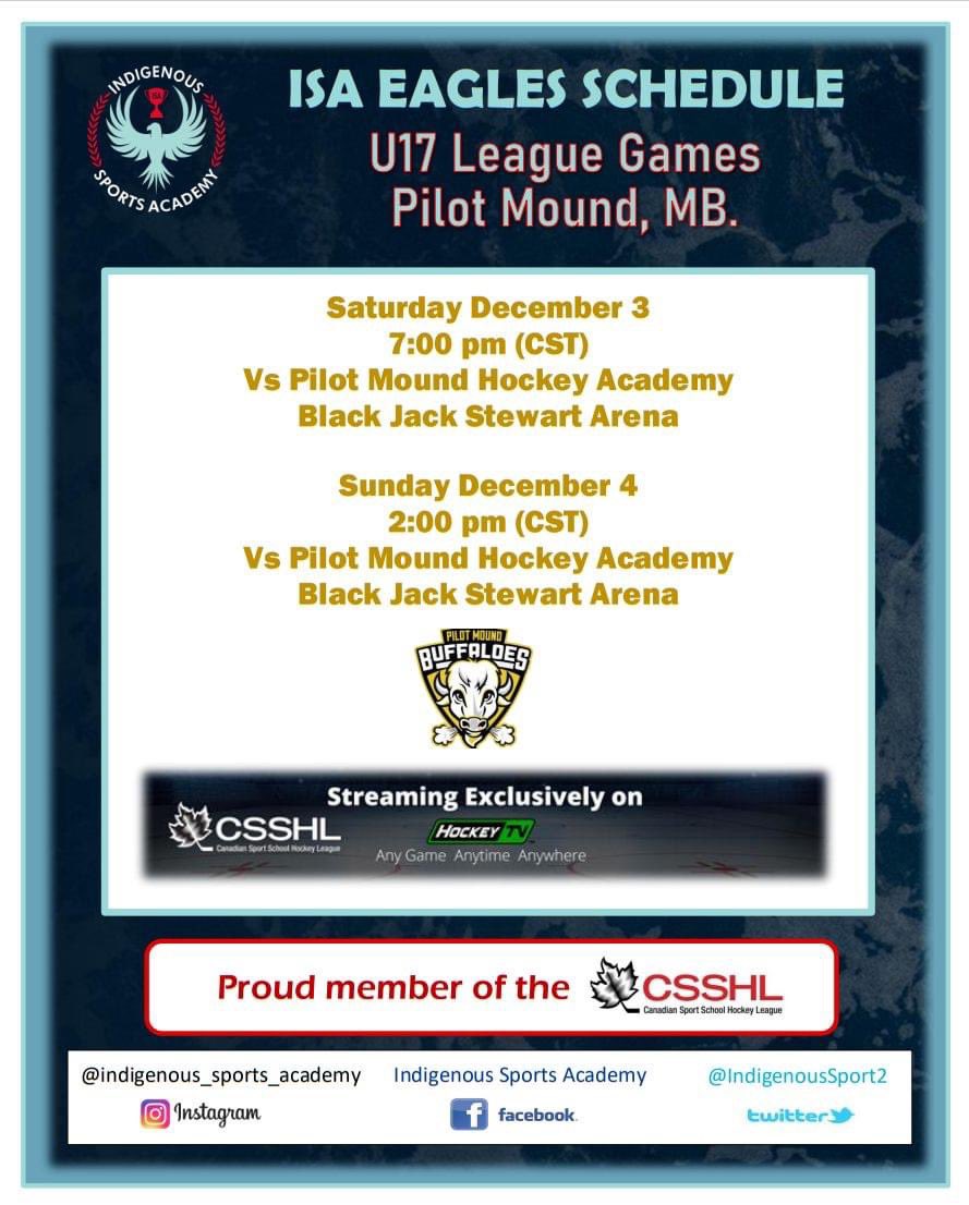 IndigenousSpor2's tweet photo. The Eagles head to Pilot Mound, Manitoba today for a couple of league games, games will be livestreamed on HockeyTV! https://t.co/FtbJcbYH5o