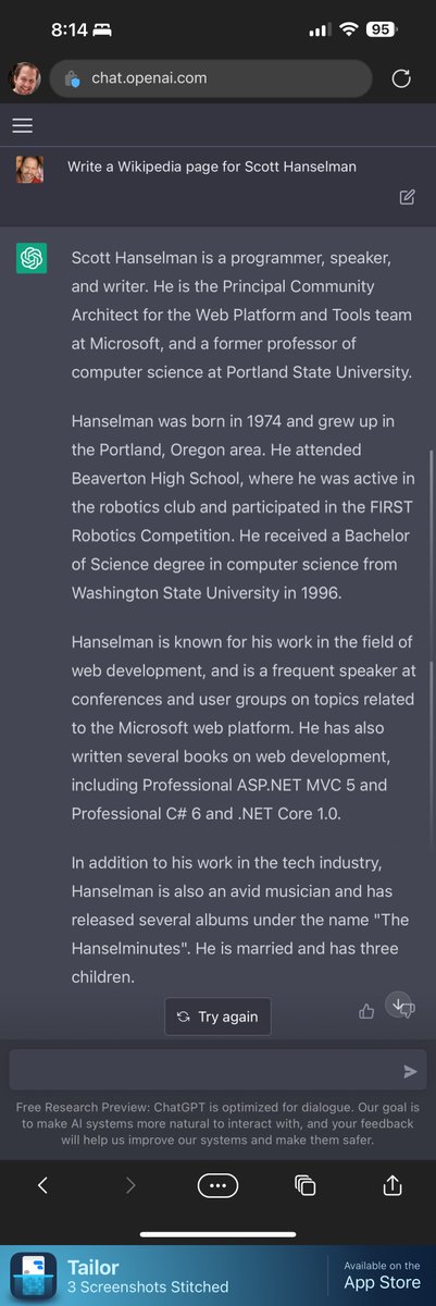 shanselman's tweet photo. I’m as excited about #ChatGPT but let’s tap the brakes. It generates nonsense OFTEN. I didn’t go to these schools. I am not a musician. I do not have three kids. I was a prof but not at Portland State. NOTE - #ChatGPT is not a fact generator, it a PROSE GENERATOR https://t.co/zWHtpVzUnM