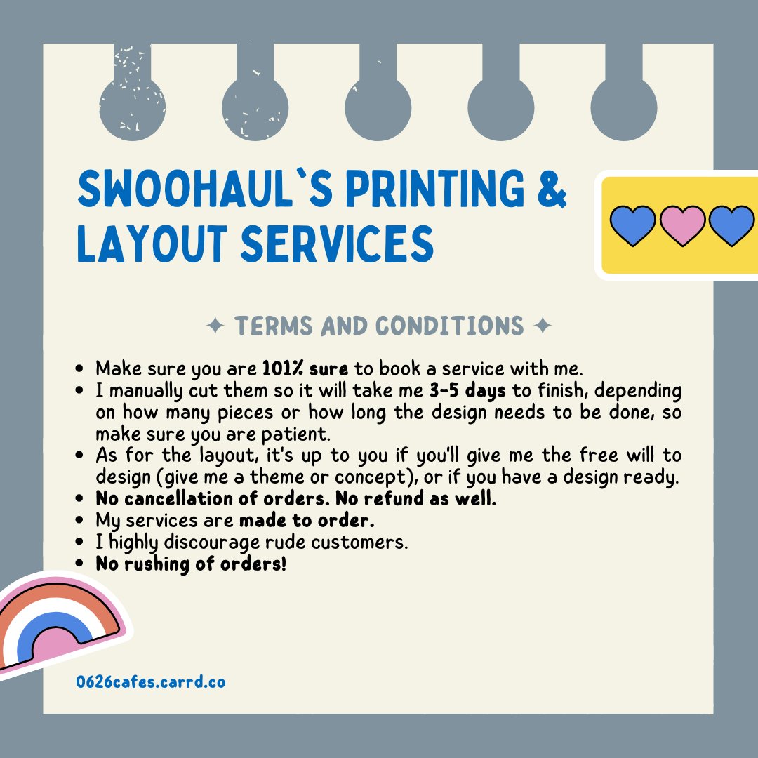 swoohaul's tweet photo. 📓 — for your freebies, gifts, etc.ᐟ
ㅤ↳ looking for budget-friendly printing and layout services? well, i'm only one dm away! book your commissions with me and i'll be glad to follow your requests!

𓏸 —— if you are interested, my dms are open!☻
📁https://t.co/8lONsqhTzD https://t.co/lacAxuWyAZ