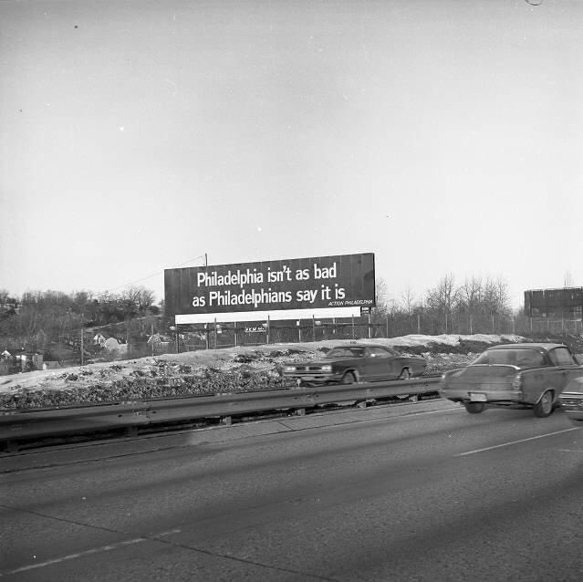 50YearsAgoLive's tweet image. "Philadelphia Isn't as Bad as Philadelphians Say It Is,” a billboard on Schuylkill Expressway, near Exit 37 west of Conshohocken, Pennsylvania.