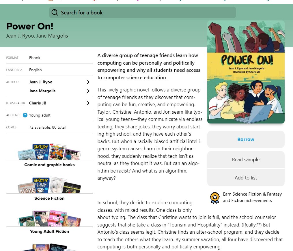 Big shout out to @missyji <a href="/NYCDOEOLS/">NYC School Library System</a> for increasing the # of copies of  Power On!  from 7 to 80 at  <a href="/Sorareadingapp/">Sora, by OverDrive Education</a> ! Now more students will have access to this amazing book that follows  four friends who take a stand for all students to learn CS!" <a href="/ValerieBrock24/">Valerie Brock</a> <a href="/CCrawfordTech/">Christy R. (I can't give you a checklist)Crawford</a>