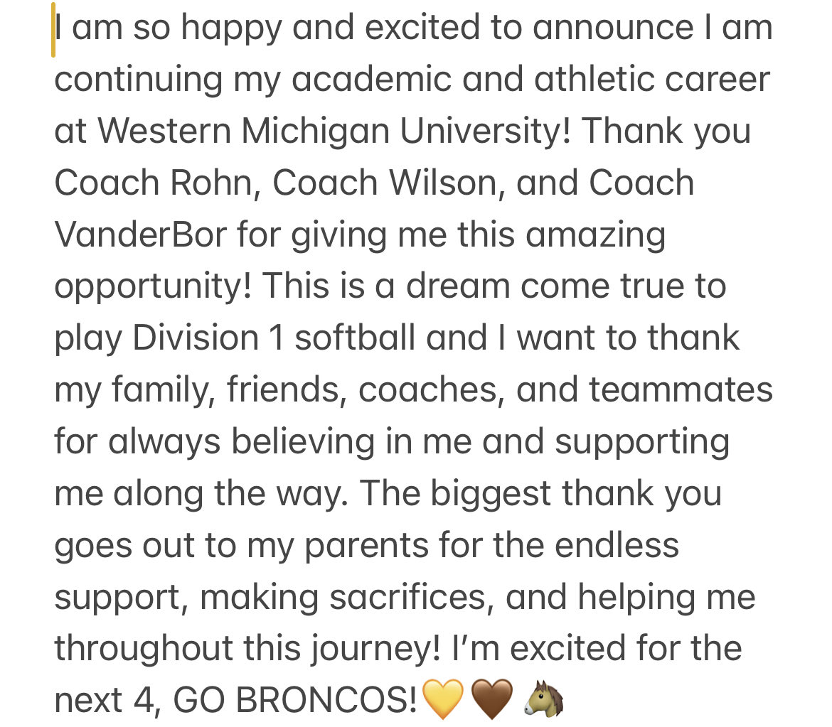 OstachParker's tweet photo. I can’t wait to be a BRONCO!💛🤎⁦@coachjennyrohn⁩ ⁦@marleewilson⁩ ⁦@MorganVanderBor⁩ ⁦@WMUSoftball⁩ ⁦@CollegeBDJocks⁩ ⁦@Turnin2Pezz⁩ ⁦@LHSeagle4sports⁩ ⁦@Los_Stuff⁩ ⁦@GallowayReily⁩ #BroncosReign https://t.co/ufUVetMKz2