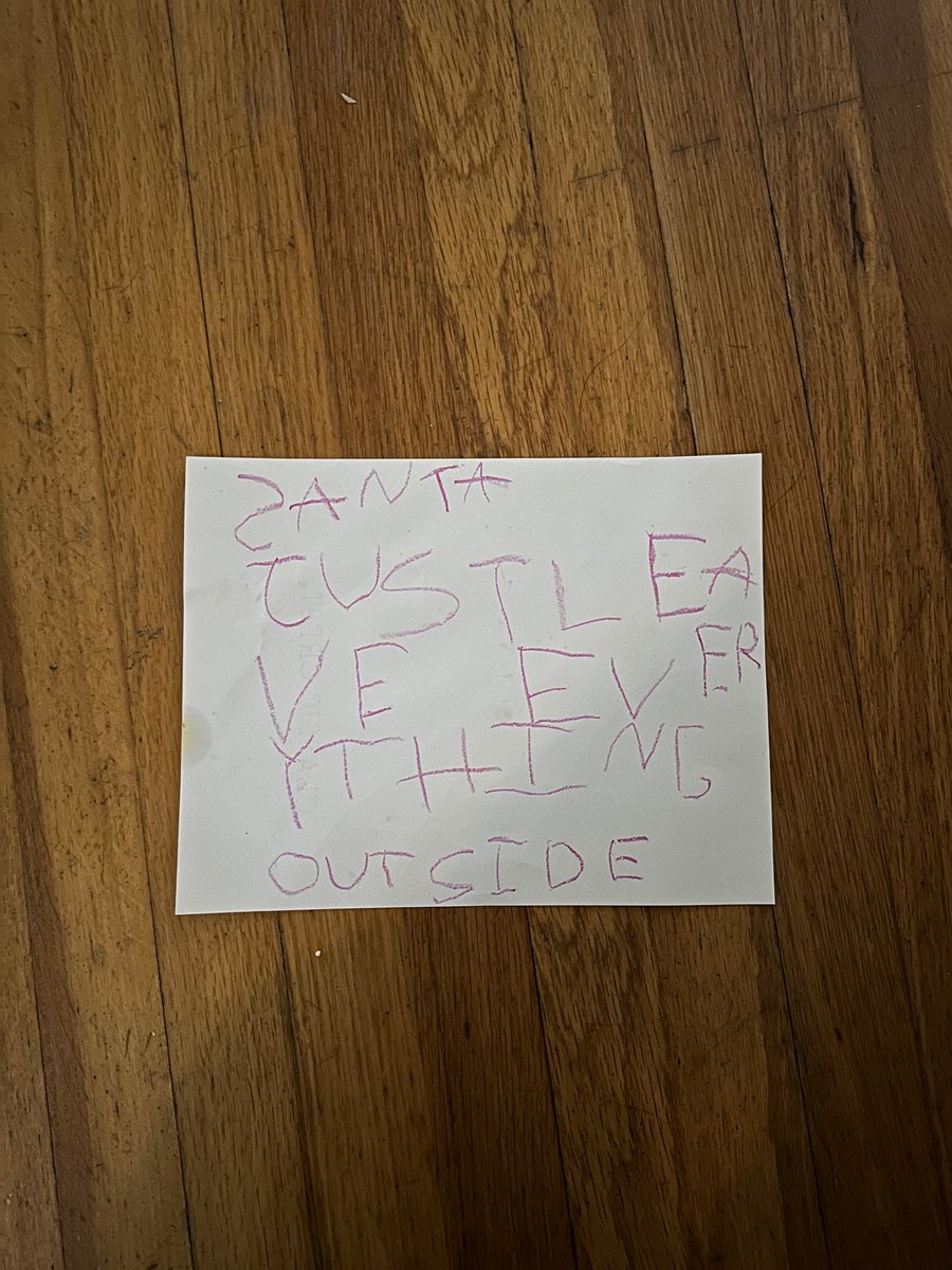 My daughter is concerned about a strange man named Santa coming into the house while we are sleeping, so she created a sign asking him to leave gifts on the porch. We love it so much we’ve decided to frame it and put it out every year.