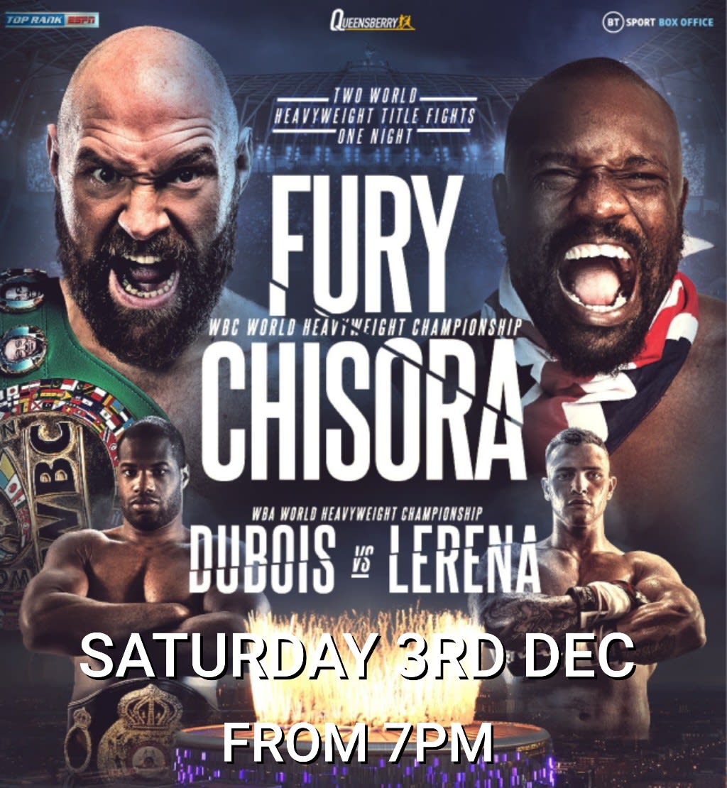 🥊Join us this evening For the Main Event Boxing 
When Tyson Fury takes on Derek Chisora on home turf. All the action will be on after tonight world cup football ⚽️
