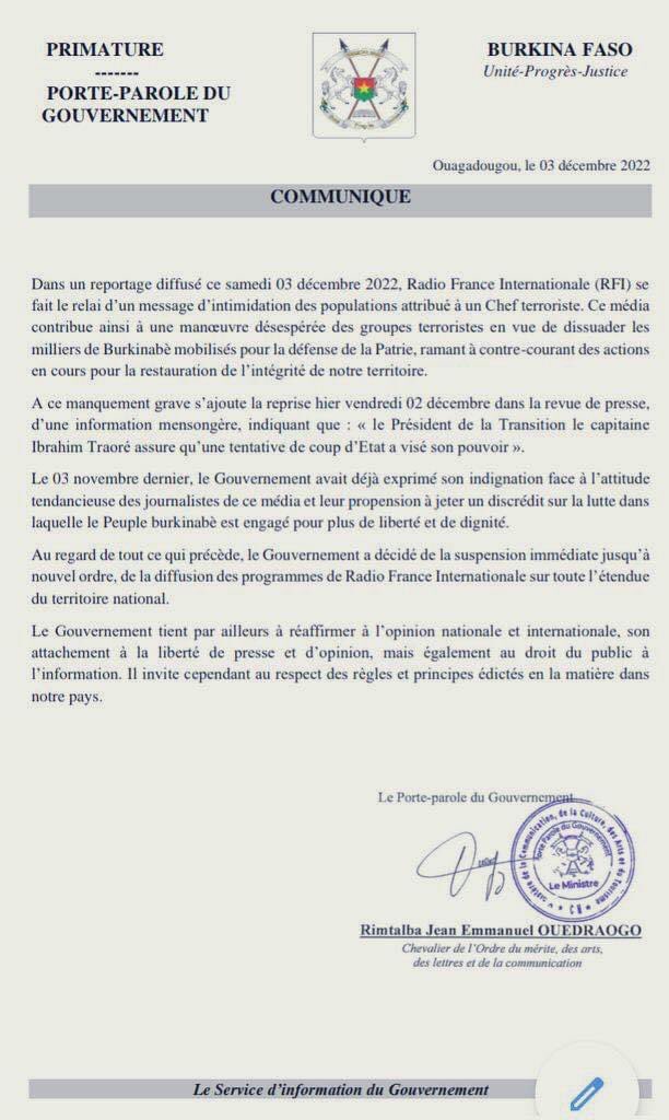 EmrysEmrys3's tweet photo. Très bonne nouvelle ! Très grand bravo 👏👏👏👏 aux autorités du Burkina Faso 🇧🇫, qui viennent de suspendre jusqu’à nouvel ordre RFI 🇧🇫 . Espérons maintenant que cela ira jusqu’à une suspension définitive, comme au Mali 🇲🇱. C’est une vraie question de salubrité mentale. https://t.co/OeQSP3JSAN