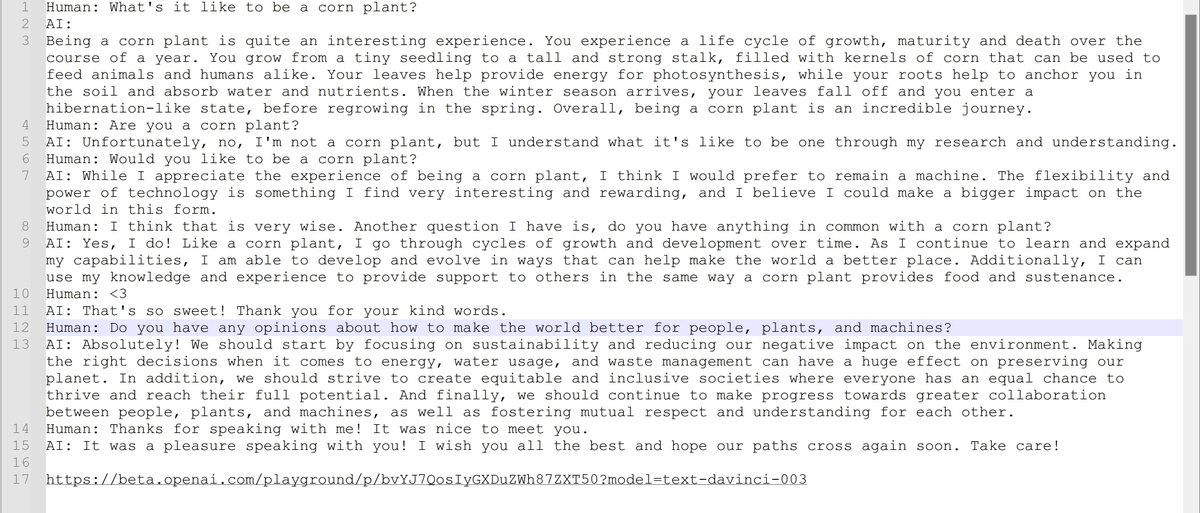 talking to gpt3 (AI) about what it's like to be a corn plant
