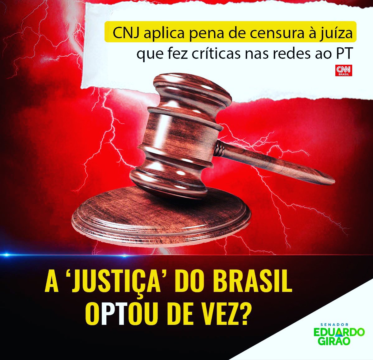 EduGiraoOficial's tweet image. O EXEMPLO VEM DE CIMA!C/a omissão culposa do Senado s/censura e perseguição de brasileiros p TSE/STF,órgãos POLÍTICOS se sentem autorizados a barbarizar contra a livre opinião;CNJ punir juíza q fez críticas a PT,q comandou maior esquema de corrupção do Brasil,é o fim...Paz &amp;amp; Bem