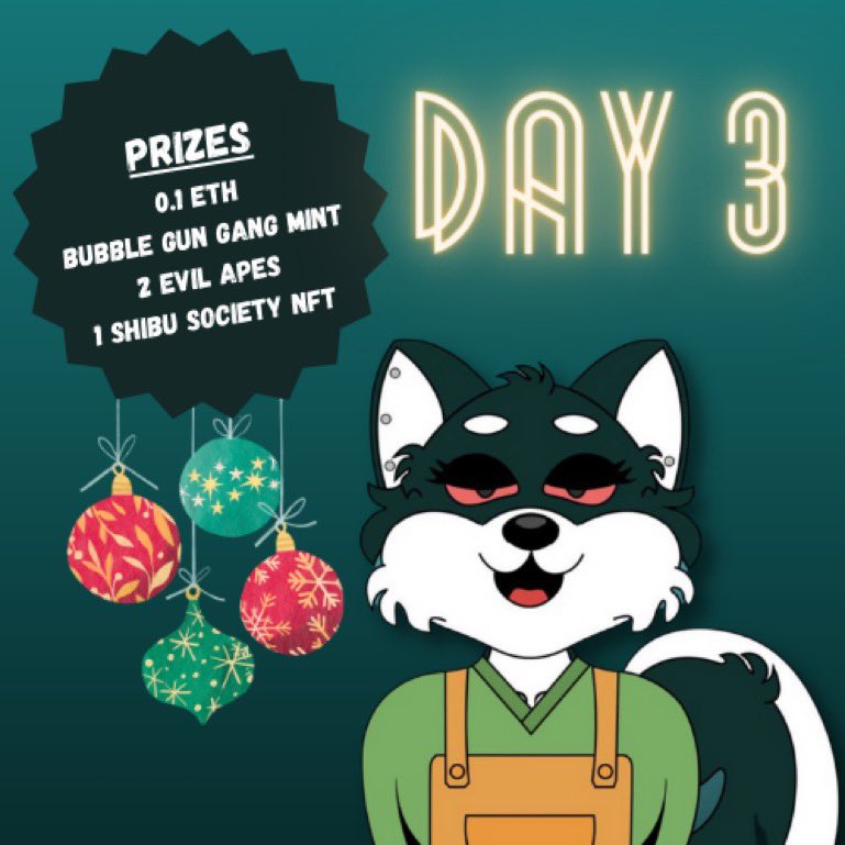 🎉24 DAYS Mega #GIVEAWAYS
🎄DAY 3🎄

MASSIVE PRIZES (see graphic)!!!!!! 🎁🎁

🐕Follow 
<a href="/ShibuSocietyNFT/">SHIBU Society</a>
 
<a href="/LiberateNFT/">Liberate Yourself 💎 NOW MINTING!</a>
 
@EvilApeClub_NFT
 
<a href="/BubbleGunGang/">Bubble Gun Gang | A World Of Tings Franchise</a>
  
<a href="/PsychoNautAnon/">PsychoNautAnon.Eth</a>
 
<a href="/MadHoneyBears/">Mad Honey Bears</a>
 
<a href="/FUC_nft/">Feathered Underdog Club</a>
 
<a href="/gremgoyles/">𝗚𝗥𝗘𝗠𝗚𝗢𝗬𝗟𝗘𝗦</a>

❤️RT &amp; Tag 3 Frens

Drawing @ 11PM EST 12/03