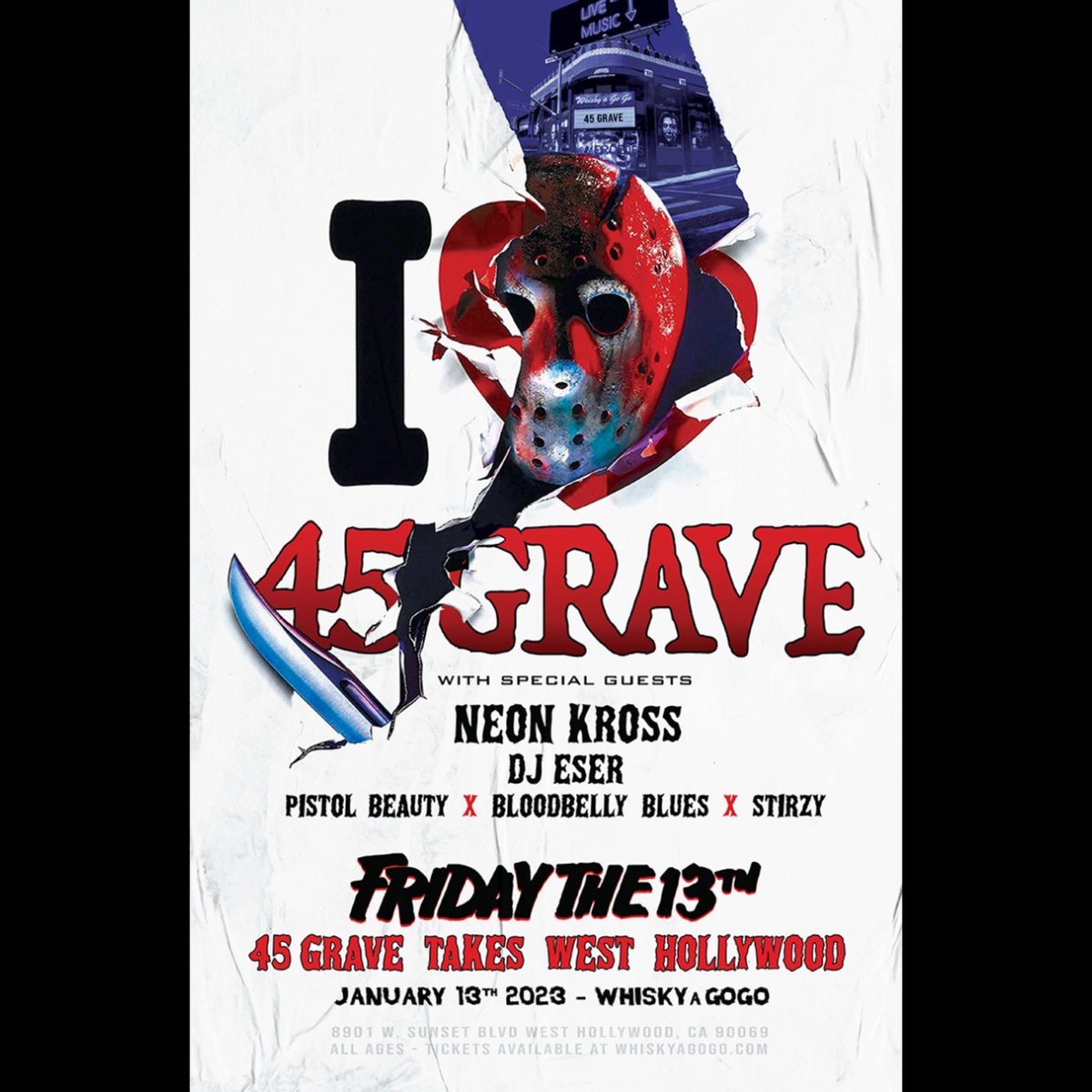 Next show! Mark your calendars and hit us up for tickets 💜🤘#WhiskyAGoGo #45Grave #PistolBeauty #FridayThe13th