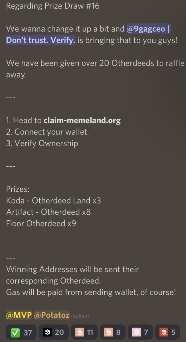 Memeland's tweet photo. 1/ 🚨 Safety Announcement 🚨

The closer to our Captainz mint, the more hacks and scams will happen in @Memeland (Twitter, Discord, Website).

Today one of our Mods got compromised and a scam message was posted in a public channel.

The incident was handled swiftly: https://t.co/JCIY8UwDaS