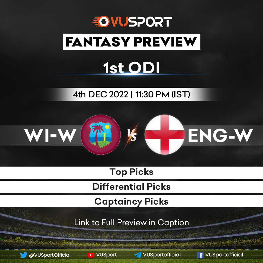 VUSportOfficial's tweet photo. 🏏 West Indies Women vs England Women | 1st ODI
English all-rounder or West Indies all-rounder? 🤔
Who would be your Safe Captain?! 😏
Find out in our detailed Fantasy Preview Blog 👇
Link: https://t.co/E60x6Rxx2K
#WIWvsENGW #WomensT20 #FantasyTips #FantasyPreview https://t.co/Wal7wNJvuT