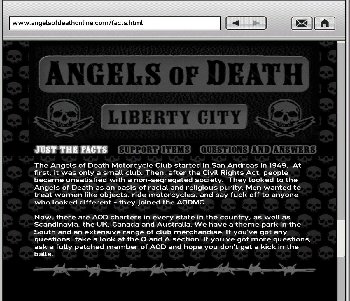 GrandTheftLore's tweet photo. Did You Know: The Angels of Death MC was founded in San Andreas in 1949? They expanded to every state in the country as well as Scandinavia, the UK, Canada and Australia, the club even has a theme park in the South. https://t.co/yHVXYFIOIL