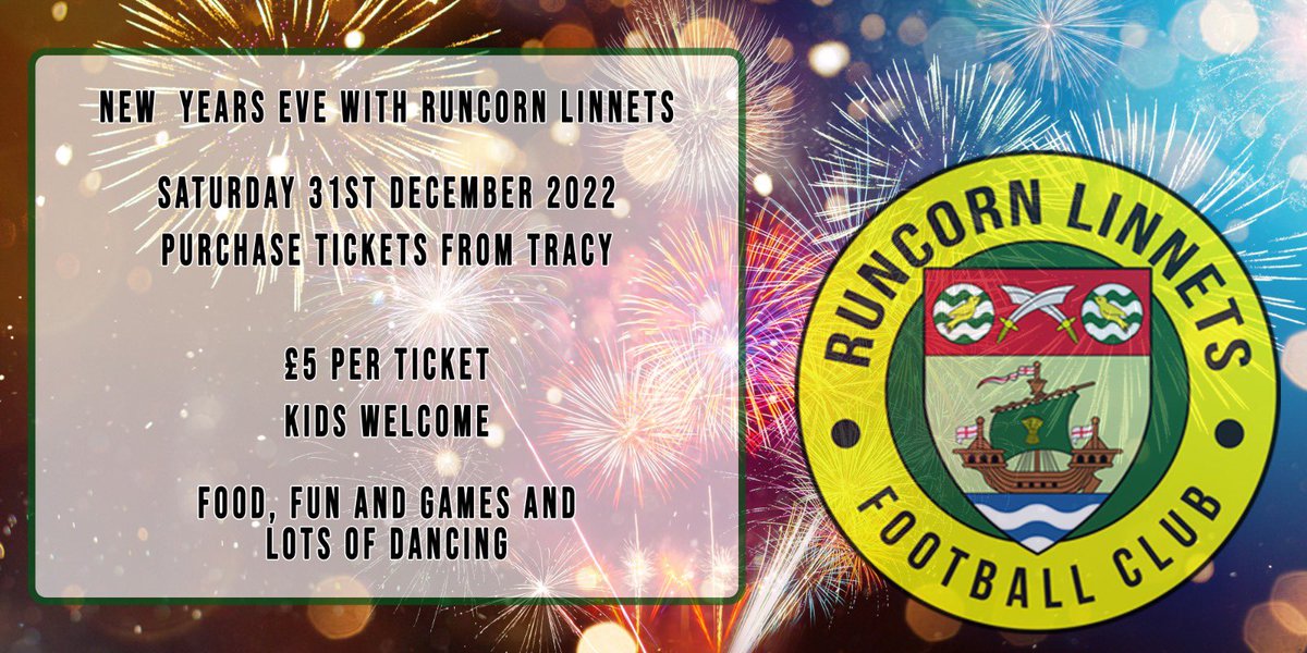 <a href="/LinnetsTravel/">Runcorn Linnets Travel</a> <a href="/RuncornLinnets/">Runcorn Linnets FC</a> 
New Years Eve Party 
Come and spend the night with family and friends, dancing, drinking and games 
tickets are ready 💛💚🌽