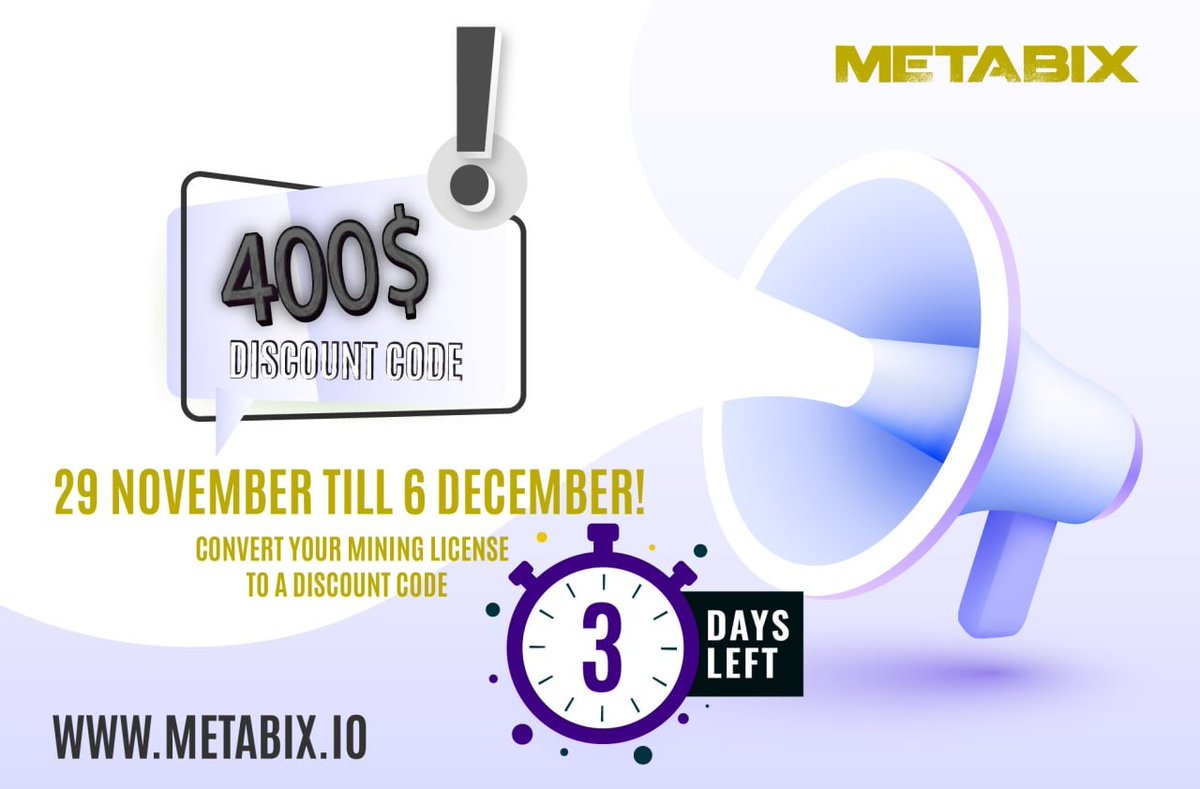 bixbcoingroup's tweet photo. You only have 3 Days to  convert your mining license to a 400$ discount code and use it to buy your dream land on Metabix Island!
From 29 November - 6 December you can get a 400$ discount! 
you can convert it here in the link below:
https://t.co/OxbkvKFF6k
#Bixb #Metabix  #Play https://t.co/MsRo1n4gIA
