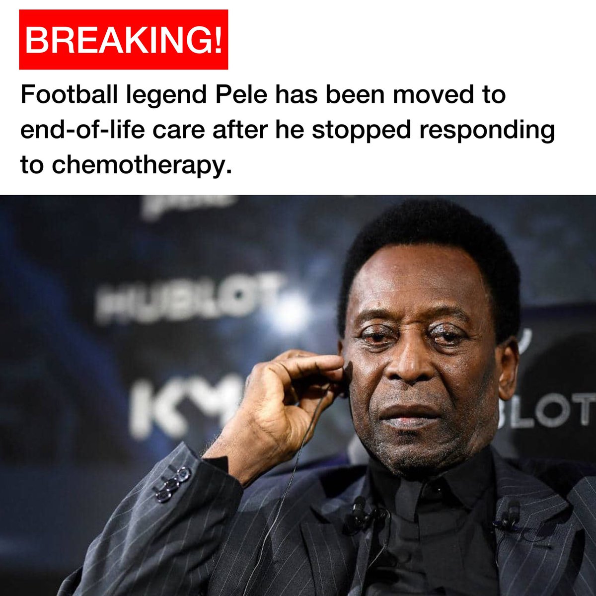NoNext_Question's tweet photo. Brazilian football legend Pele has reportedly been moved to end-of-life care in hospital as he is no longer responding to chemotherapy on his cancer.

Pele won the World Cup three times during his playing career.

#pele #football #brazil #nonextquestion https://t.co/jAbUmNtxiY