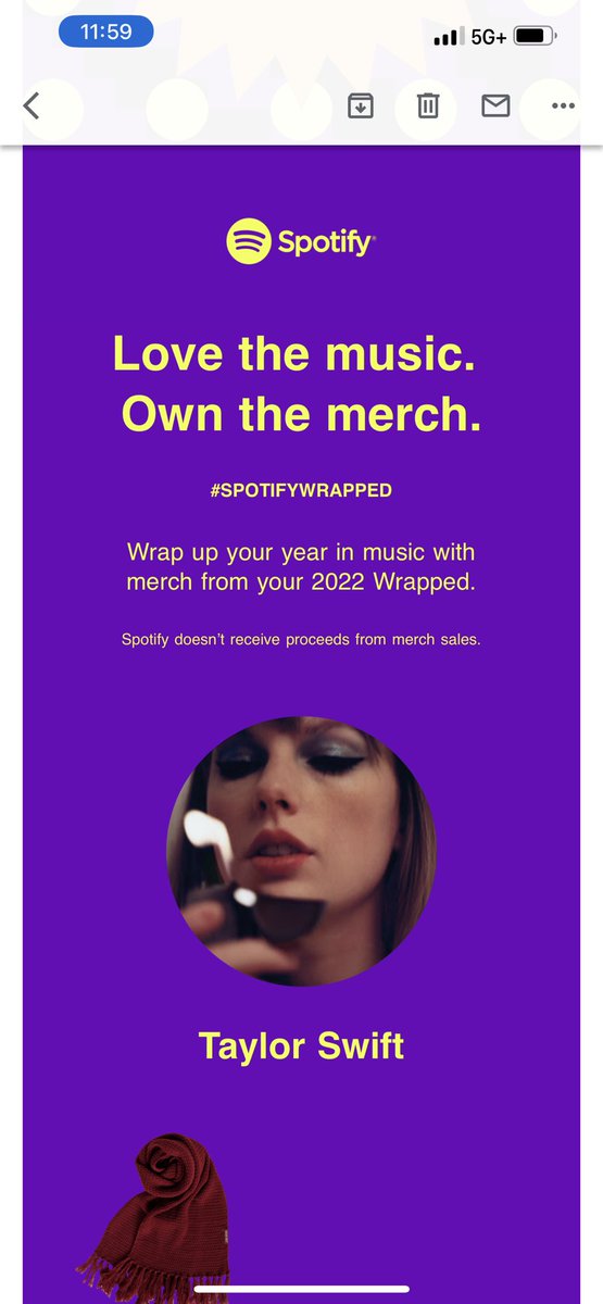 caitmwalters's tweet photo. Lol at Spotify thinking I’ve been waiting for them to sell me Taylor Swift merch https://t.co/0f7kf6YaSM