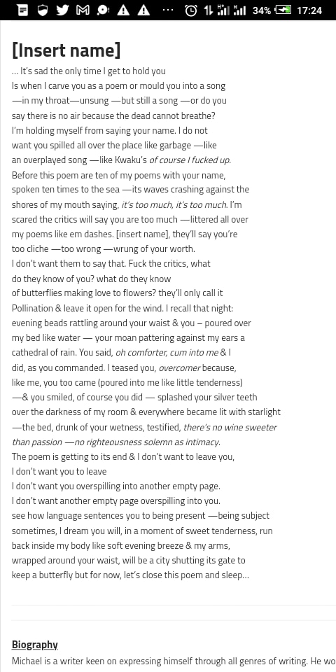 Guys! I have two poems published <a href="/TheErozine/">The Erozine — Submissions Closed!</a> mag. Guess what! it's a heartbreak + Eros poem. 

"...Fvck the critics, what do they know of you? what do they know of butterflies making love to flowers? They'll only call it pollination and leave it open for the wind"