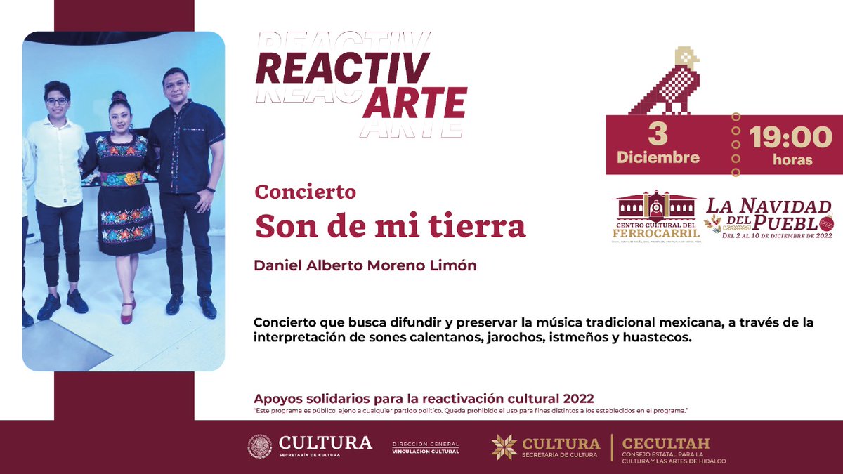 CulturaHidalgo's tweet photo. 🎻#Concierto #ReactivArte
🎄¡Ven a vivir #LaNavidadDelPueblo con el concierto "Son de mi tierra" en el Centro Cultural del Ferrocarril! 🚂 ¡Es esperamos hoy! 🥳
📆 03 de diciembre | 19:00h
#PrimeroLaCultura https://t.co/WYhRp3VXDi