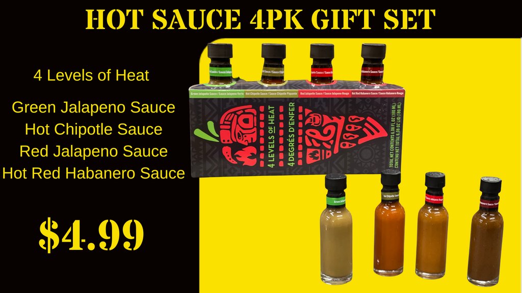 CambSurplus's tweet photo. Hot Sauce 4pk Gift Set - $4.99
4 Levels 0f Heat:
Green Jalapeno Sauce
Hot Chipotle Sauce
Red Jalapeno Sauce
Hot Red Habanero Sauce
#cambridge #downtowncambridge #waterloo #kitchener #guelph #surplus #deals #save #likeforlike #waterlooregion #speedriver https://t.co/ewmnoDd4Yz
