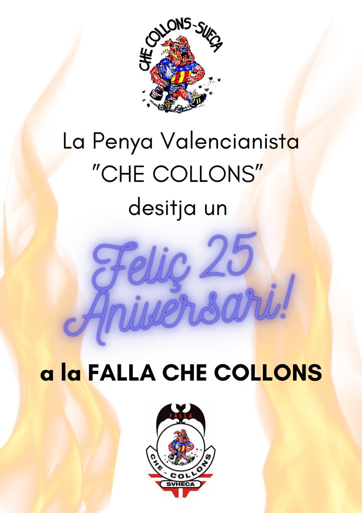 PenyaCheCollons's tweet photo. La Penya Valencianista Che Collons de Sueca  vols Felicitar en el seu 25 Aniversari a la Falla Che Collons de Sueca. #somdelache #Falles #CheCollons . @CheCollonsSueca https://t.co/HKtYC5mDFU