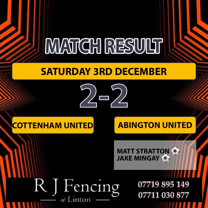 FINAL SCORE! <a href="/cottenham_fc/">Cottenham United FC Official</a> 2-2 Abington United ⚽️ A tough one to take after being 2-0 up but a top game from the lads to secure a point against 2nd in the league. Luck amongst other things just weren’t on our side today 😞

Our goals 
<a href="/5tratts/">Matt</a> ⚽️
Jake Mingay ⚽️