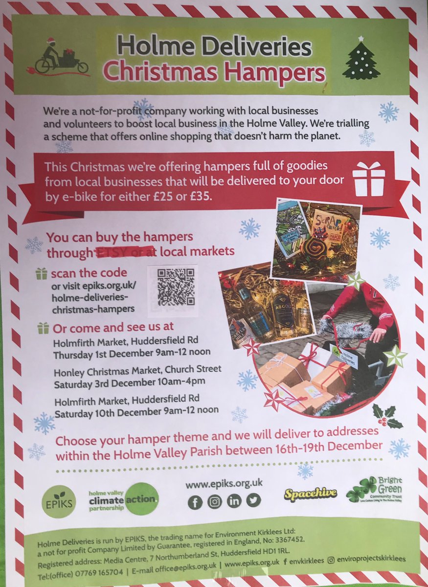 EpiksK's tweet photo. Holme Deliveries team’s stall at the @HonleyBizAssoc Christmas Fair with our e-cargo bike. Offering 14 locally sourced hampers for bike delivery in Holme Valley from 16/19 December. Supporting #SmallBizSatUK @HVClimateAction 
Order online, phone  by 12th https://t.co/HBBzjC757t https://t.co/8RYBaiBuwV