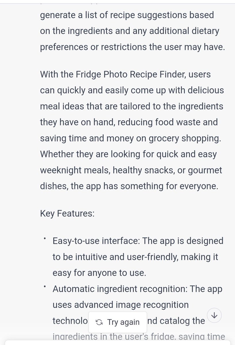 srirajdutt's tweet photo. Generate a PRD for a new product that takes a photo of ingredients in your fridge as input and uses chatGPT to generate recipes... 🤯🤯😋 😋 #OpenAI #ChatGPT https://t.co/vZPEDGmXIC