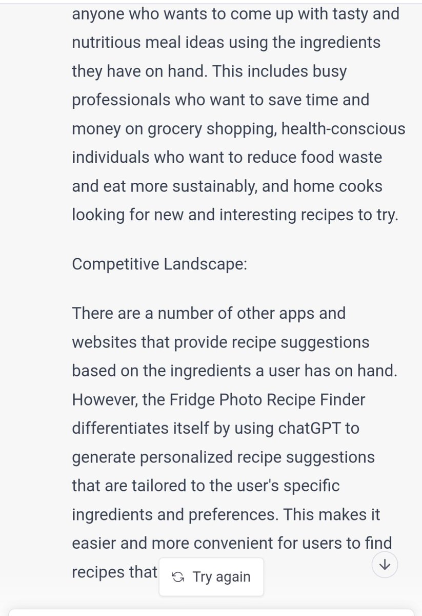 srirajdutt's tweet photo. Generate a PRD for a new product that takes a photo of ingredients in your fridge as input and uses chatGPT to generate recipes... 🤯🤯😋 😋 #OpenAI #ChatGPT https://t.co/vZPEDGmXIC