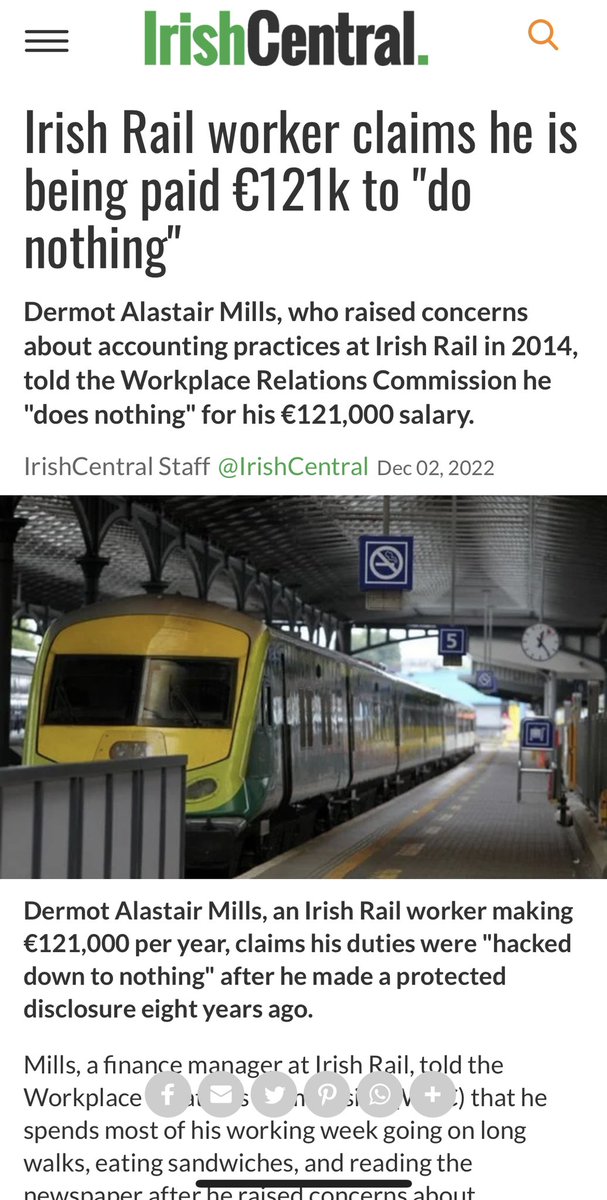 مدير مالي في سكة الحديد الإيرلندية يتقاضى 10,000 يورو شهرياً (40,000 ريال) رفع قضية في المحكمة ضد سكة الحديد نفسها لأنه يشعر بالملل لعدم وجود عمل.

يقول: أذهب للدوام وأتناول الفطور ثم أقرأ الصحف والإنترنت حتى الظهر، ثم أتناول الغداء وأجلس قليلاً، بعدها أذهب لبيتي… هذا لا يُطاق.