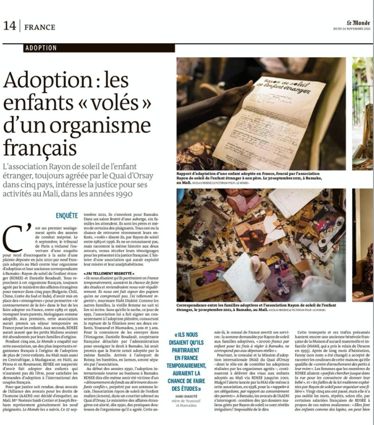 Les avocats <a href="/AllianceADH/">Alliance ADH</a>  Maître <a href="/Noemie_S_C/">Noemie SAIDI-COTTIER</a>  et Maître <a href="/breham_joseph/">Joseph BREHAM</a> se sont rendus l'année dernière au #Mali pour recueillir les témoignages de familles ayant déposé plainte contre l'organisme français #Rayondesoleil
<a href="/lemondefr/">Le Monde</a>
#adoptions #enfants