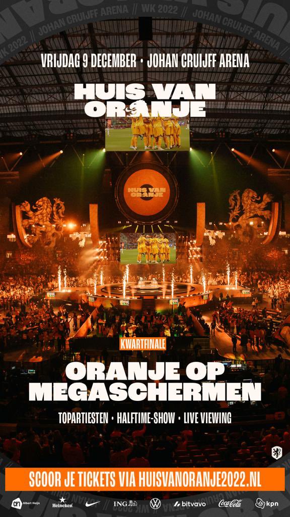 𝐁𝐞𝐥𝐞𝐞𝐟 𝐝𝐞 𝐤𝐰𝐚𝐫𝐭𝐟𝐢𝐧𝐚𝐥𝐞 𝐢𝐧 𝐇𝐮𝐢𝐬 𝐯𝐚𝐧 𝐎𝐫𝐚𝐧𝐣𝐞🧡 Yes! Door de overwinning van Oranje spelen we op vrijdag 9 december de kwartfinale. In de Johan Cruijff ArenA maken we er een groot voetbalfeest van. Scoor je tickets nu! 

ticketing.knvb.nl/nl-NL/categori…
