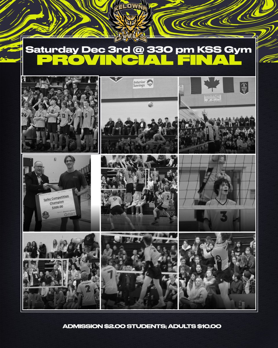 kssbrightsign4's tweet photo. Final Day of the BCSS 2022 3A Boys Volleyball Provincials. Placement games taking place at 9,10:30 am and Noon. Bronze medal game at 1:30 pm and the Gold medal game featuring the Kelowna Owls V Clairmont Spartans. https://t.co/z4BIOXdaev