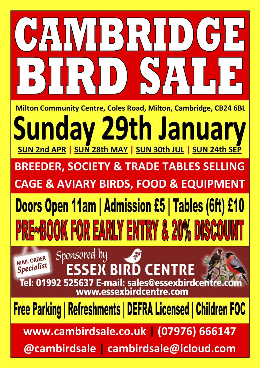 cambirdsale's tweet photo. 🦜 A massive thank you to everyone who came on Sunday for our latest sale; our biggest since the very first one before lockdown.
🦜 Thanks to our sponsors @Essexbirdcentre for the bird keeping supplies &amp; @DyersLtd for coming all the way from Somerset.
🦜 Next sale is SUN 29th JAN https://t.co/n7MCJBK0t4
