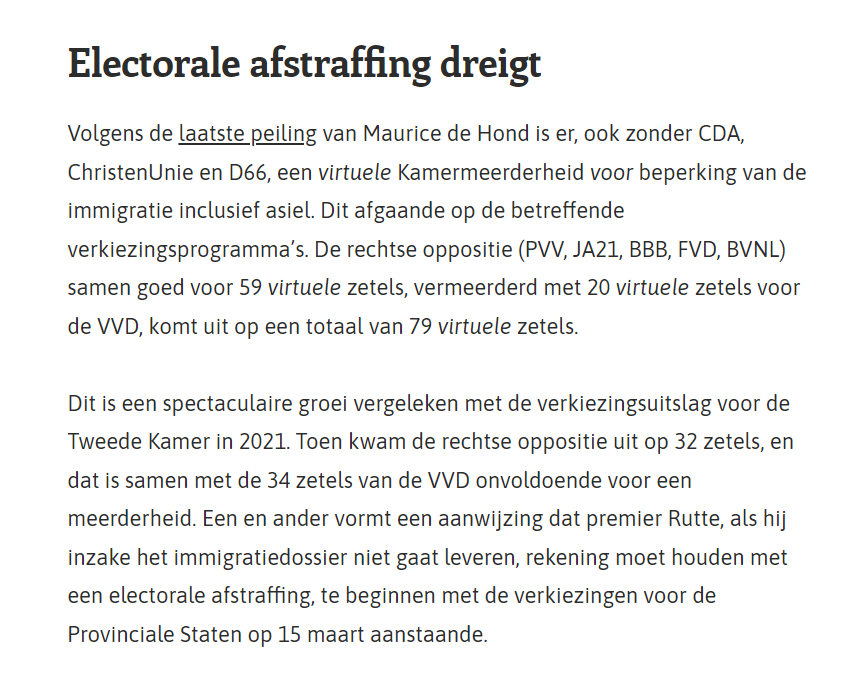 demo_demo_nl's tweet photo. Inmiddels staat de rechtse oppositie (PVV, JA21, BBB, FVD en BVNL) samen op 59 virtuele zetels.
Samen met de 20 virtuele zetels van de @VVD 79 virtuele zetels op rechts.
Een #immigratie-kritische coalitie over rechts―zoals in Zweden―zou nu mogelijk zijn.
https://t.co/xJtnkQGMyV https://t.co/4KXYkiyM0J