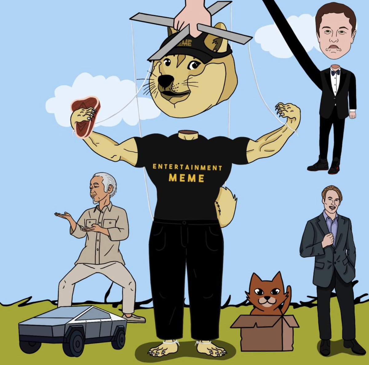 Ethereum steak in hand and all meme with Elon pulling them strings. Dingr cat stands bedside while cybertruck and <a href="/MattWallace888/">Matt Wallace</a> beam with pride. Don’t forget the karate kid as Miyagi is the og crypto wiz. <a href="/EgonautsNFT/">The Order of the Egonauts vs Monsters & Villains</a> #NFT #NFTs #NFTCommunity #nftcollector 🚨🚀🔥