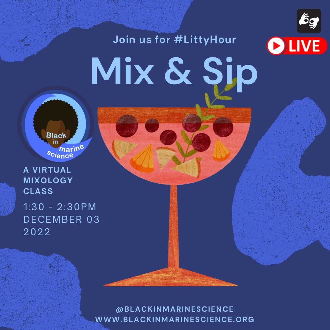 BlackinMarSci's tweet photo. And for our final #LittyHour weβve got a #Mix&Sip Weβve got a a mixologist coming to teach you how to make a drink at home! Just in time to have a drink for our #BIMSBall! Join us on #BIMSTV to get your cocktail (or mocktail) ready! https://t.co/wxfYEuQ258 https://t.co/QmALewSRGy
