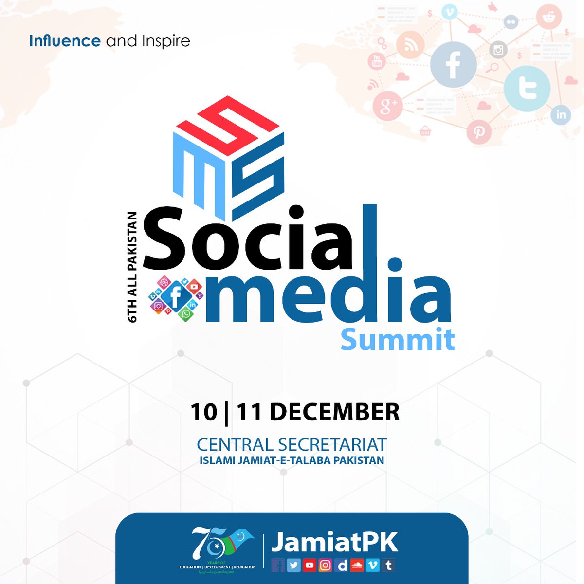 JamiatPK's tweet image. The wait is over. The most significant event for social media handlers of 
@JamiatPK, SMS, is all set to be unfolded. Renowned media icons will be there to train young minds. Will see you there on 10,11 December, 2022 at Central Secretariat Lahore.
#SocialMediaSummit #SMS2022