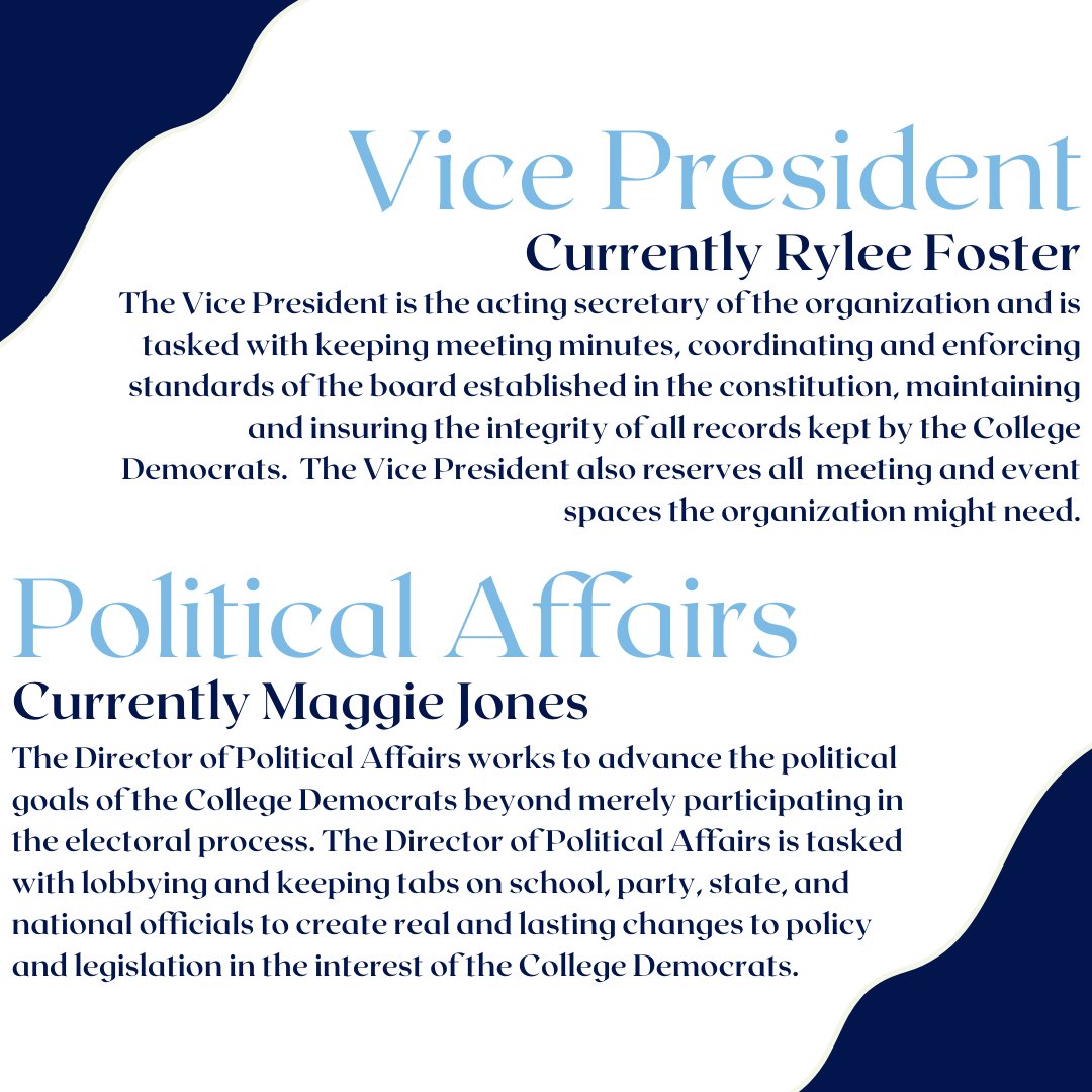 DemocratsAtIU's tweet photo. The time has come to elect our next Executive Board of the College Democrats at IU!!! 
Swipe through this post for a quick explanation of the duties for each position. 
ANY general member that has been to at least two meetings or events is welcome to run for board. https://t.co/JUO2dgYBaw