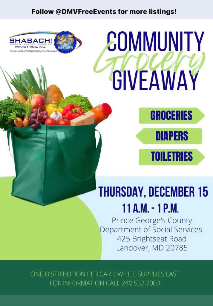 bsudiandra's tweet photo. Community! We are here to help with groceries, diapers and toiletries. Please share that PG Country Department of Social Services is hosting a grocery giveaway 12/15 from 11am-1pm or while supplies last! Contact the number on the flyer for more information. #BSUSocialWork https://t.co/lTsqU0Sxap