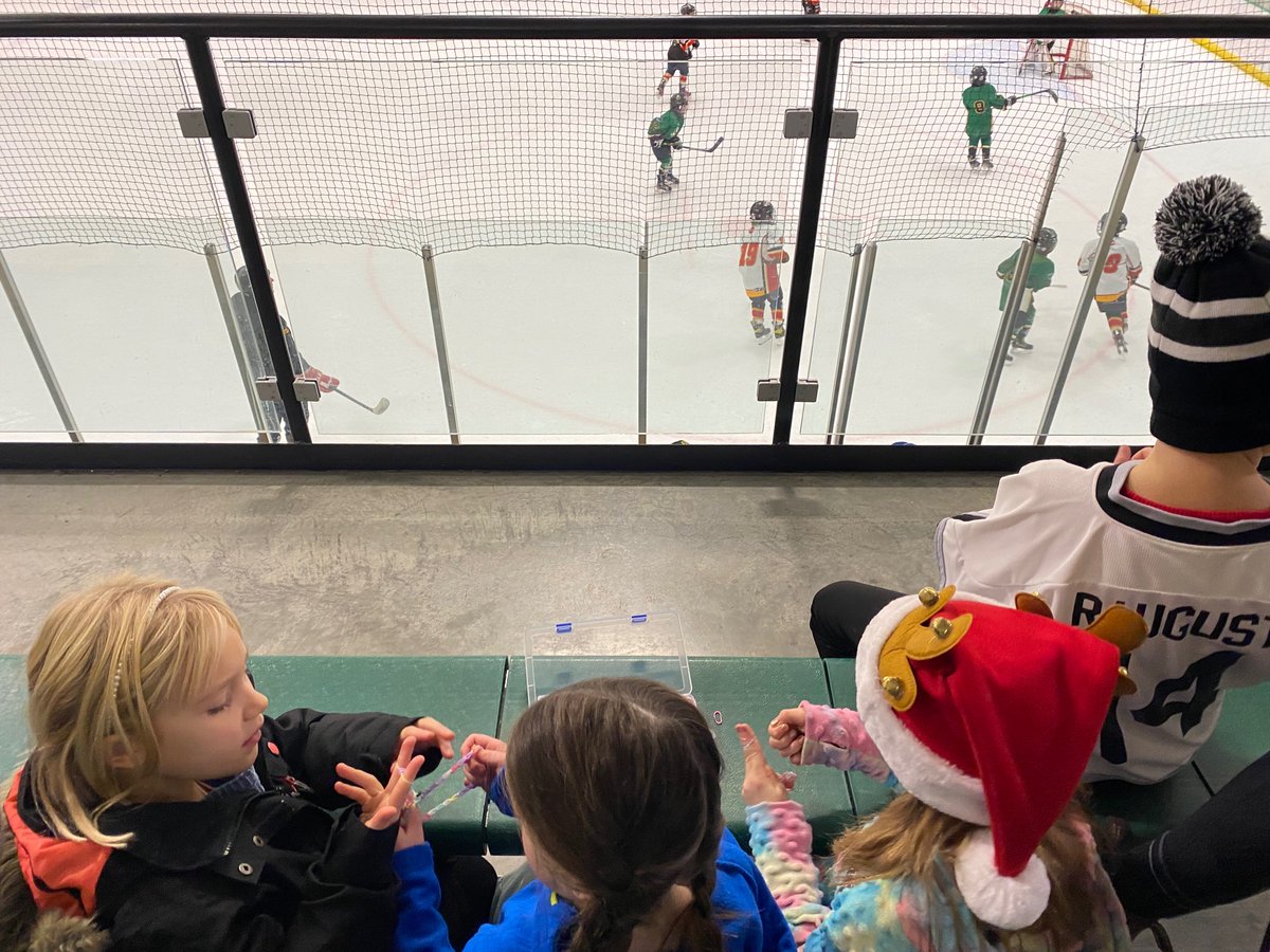 Early mornings at the rink watching H. Rainbow loom saves the day!